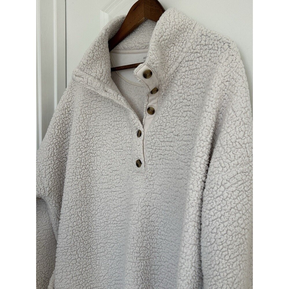 Aerie Womens Sweater Extra Large Sherpa Cozy Quarter Button Pullover Cream Teddy - Picture 3 of 11